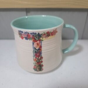 Anthropologie NATHALIE LETE - BOUQUET MONOGRAM "T" 14oz Mug Floral BirdBlue Teal
